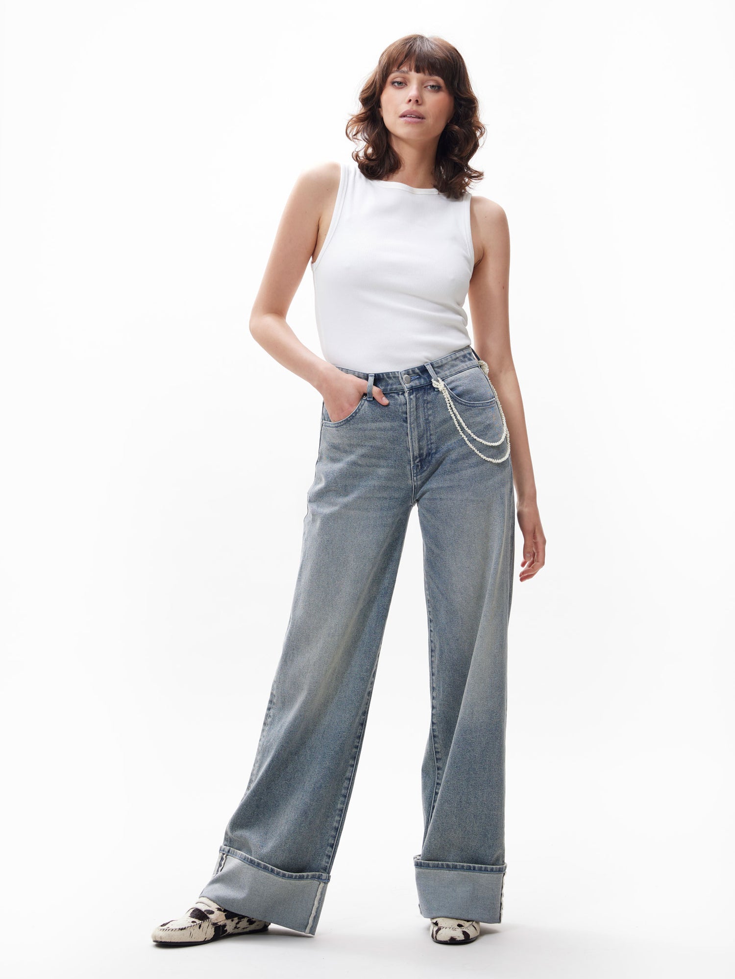 Loose fit jeans with fold Tinted Blue