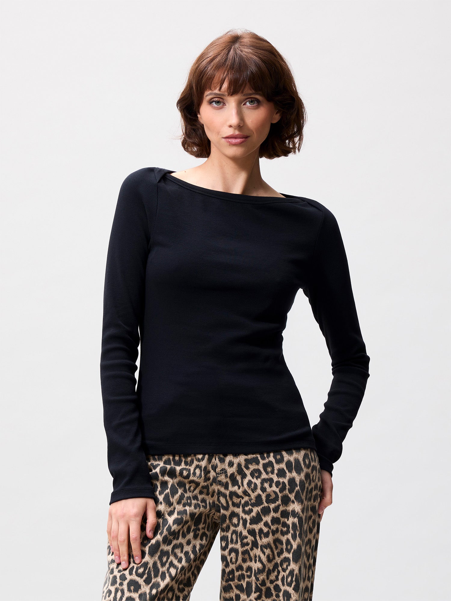 Boatneck rib long sleeve Black