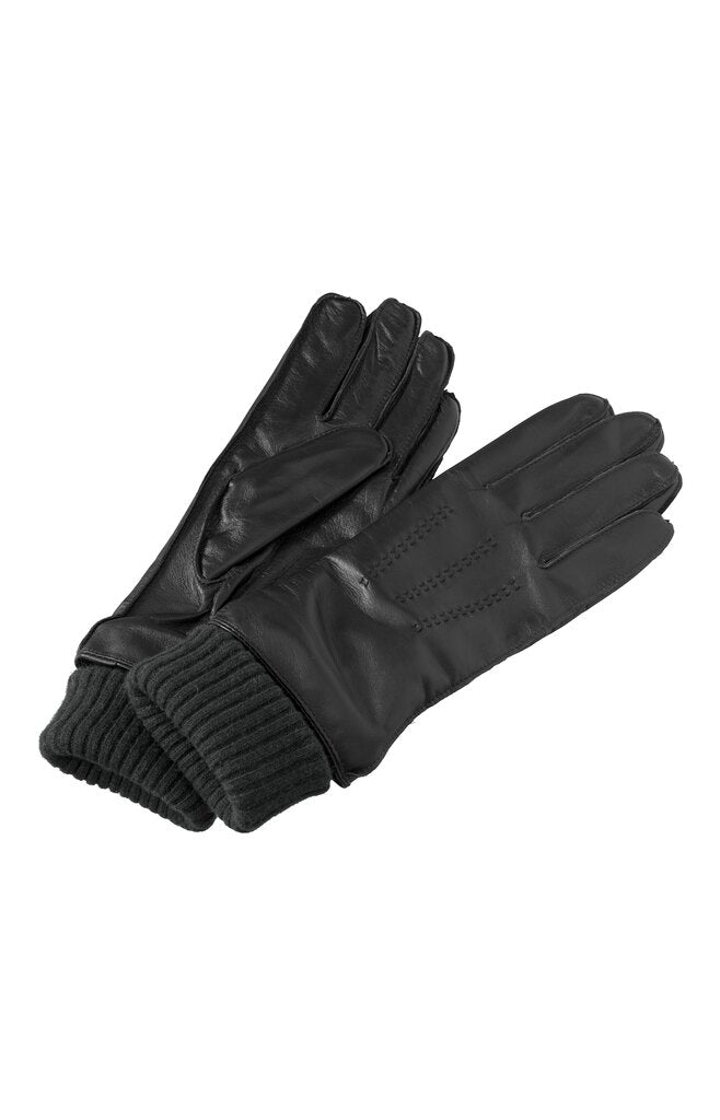 Lederhandschuhe mit Strickbündchen Schwarz