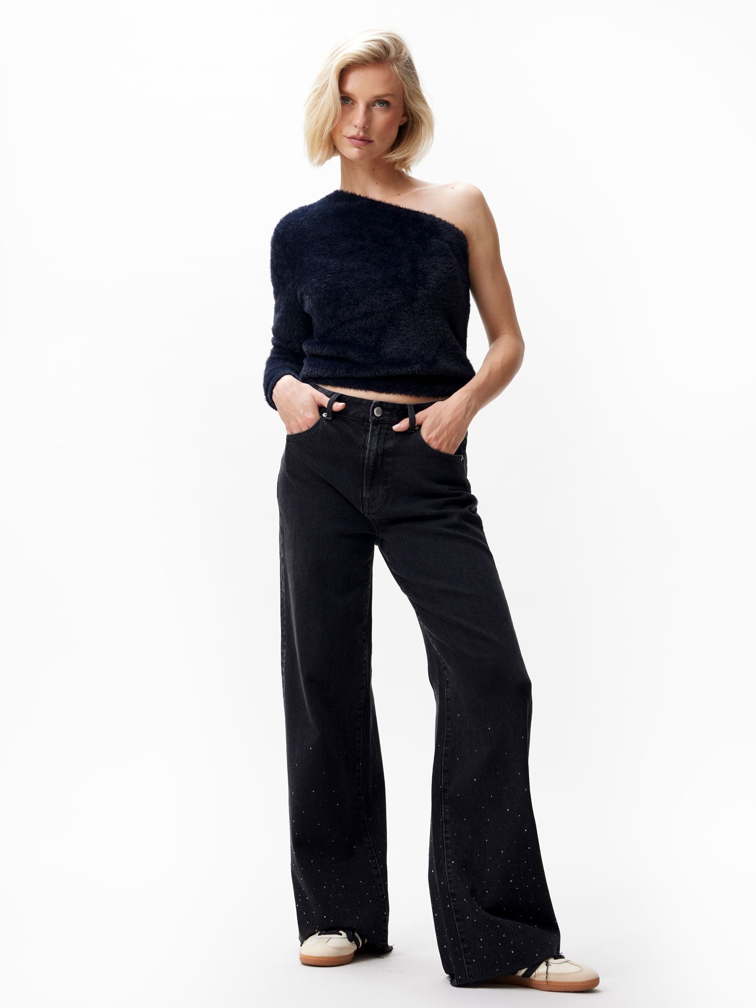 Loose fit jeans with metallic strass Washed Black