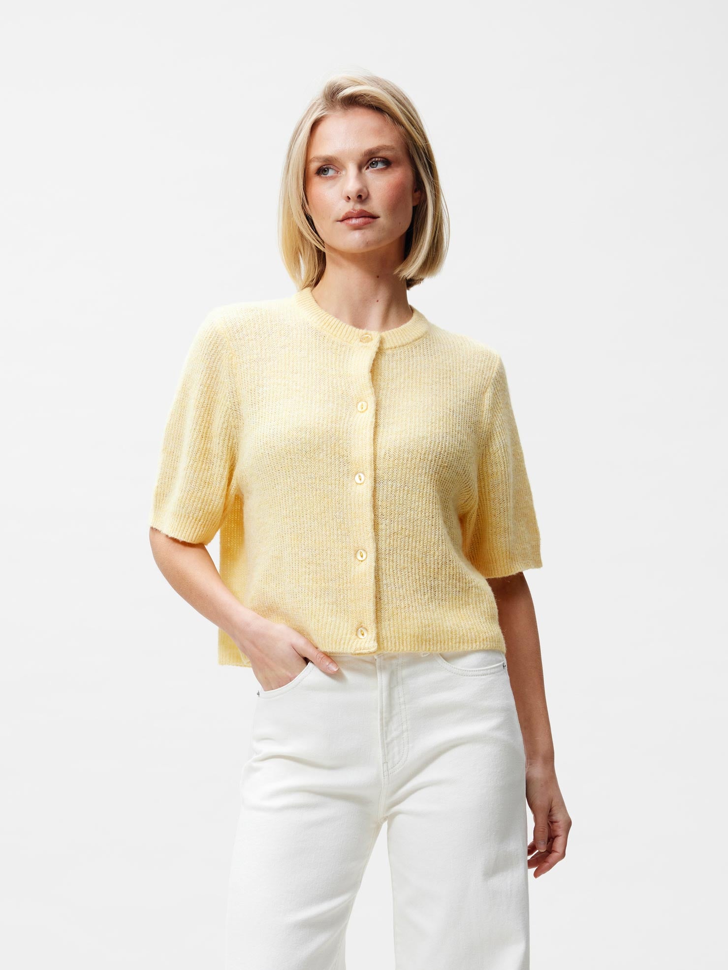 Short sleeve knitted cardigan Mellow Yellow