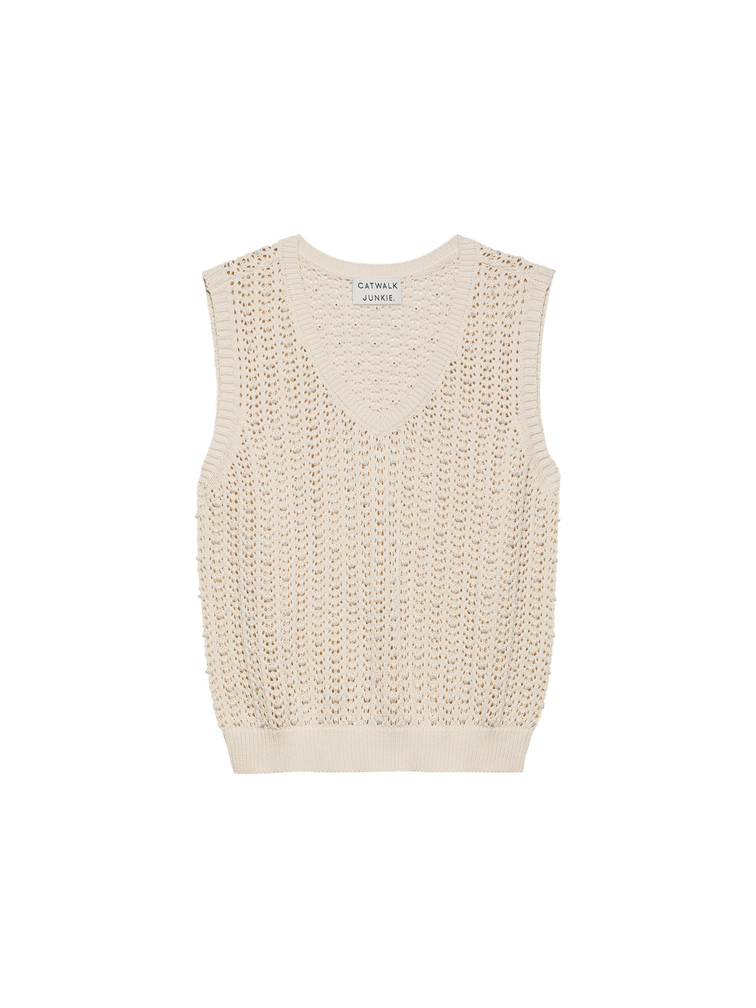 Ajour Knitted Pearl Stud Vest Whisper White