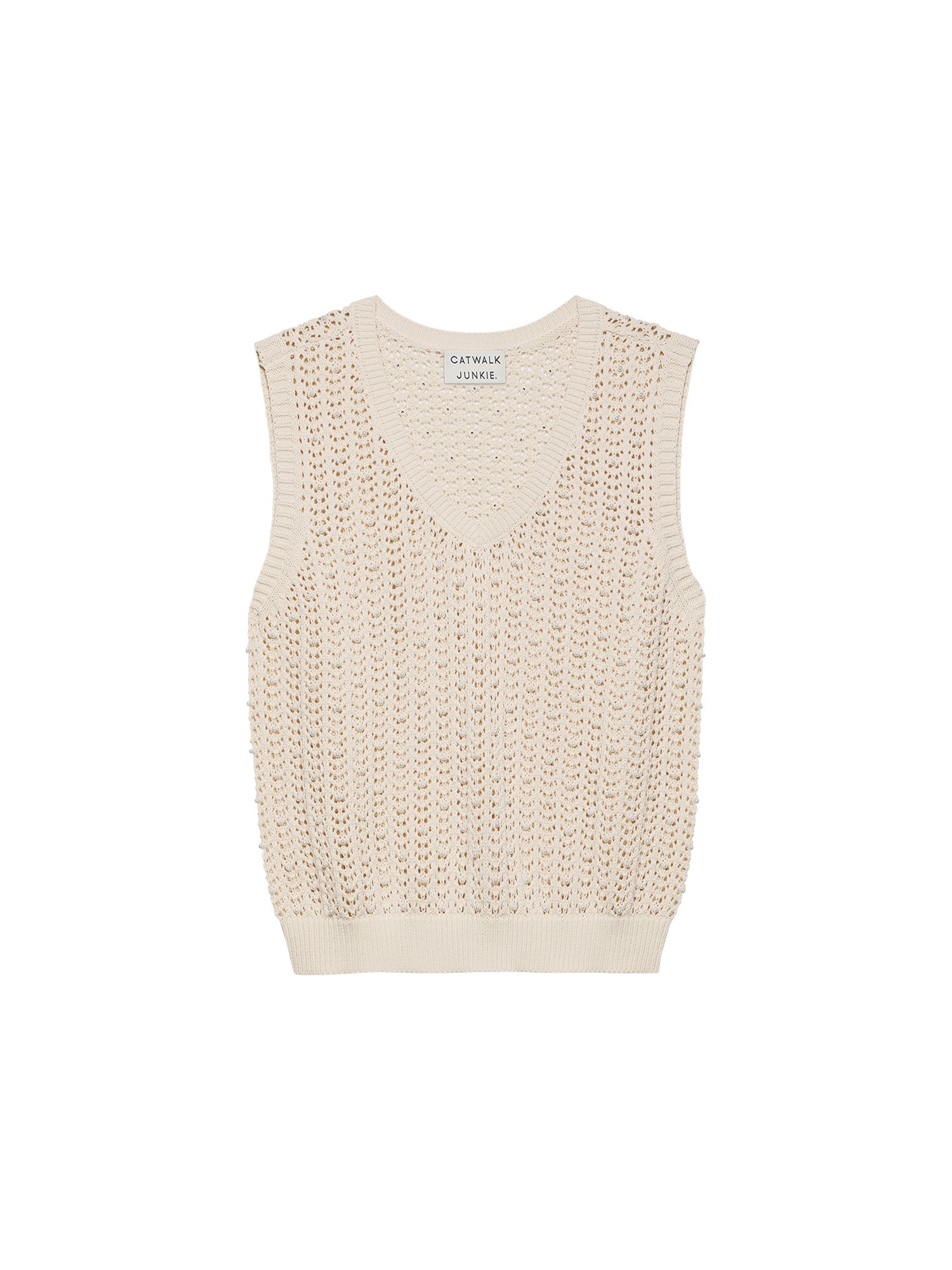 Ajour Knitted Pearl Stud Vest Whisper White