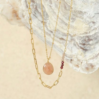 Encourage Peach Moonstone Garnet Necklace GP