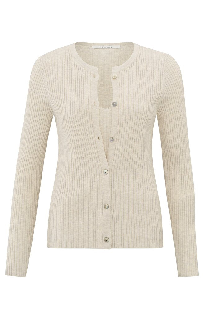 Gerippter Cardigan im Lagenlook mit Knopfdetails Light Beige Melange