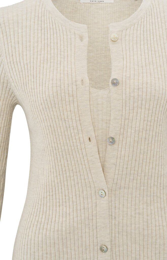 Gerippter Cardigan im Lagenlook mit Knopfdetails Light Beige Melange