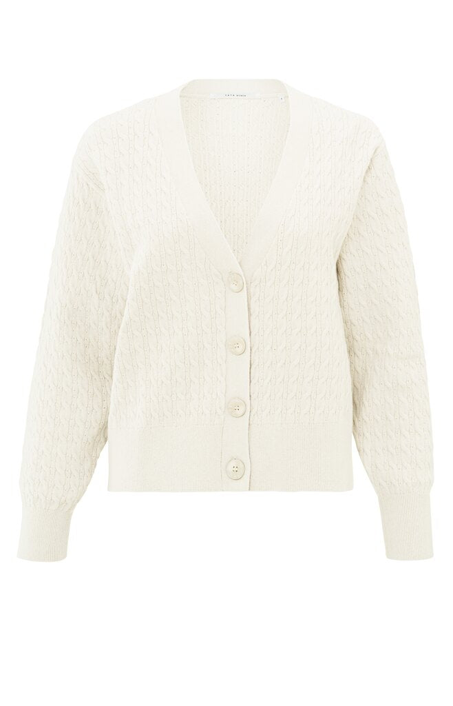 Cardigan mit Zopfmuster und tiefem V-Ausschnitt Chalk White