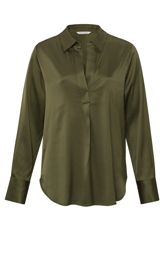 Weites, langärmeliges Satin-Oberteil mit V-Ausschnitt - Dark Army Green