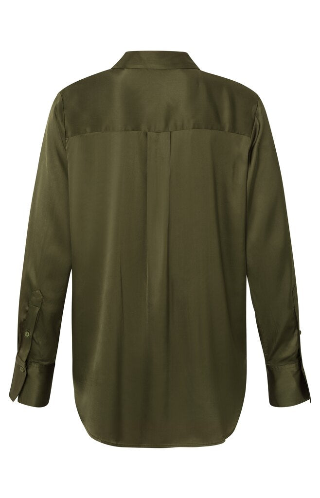 Weites, langärmeliges Satin-Oberteil mit V-Ausschnitt - Dark Army Green