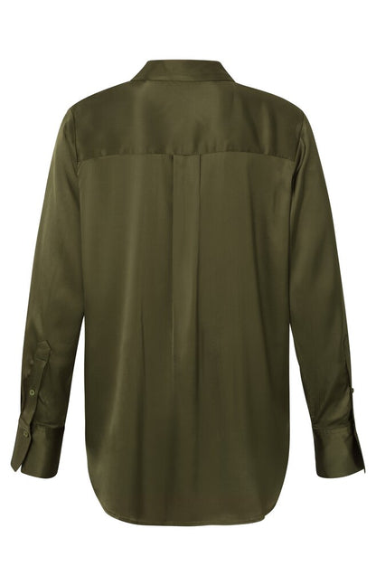 Weites, langärmeliges Satin-Oberteil mit V-Ausschnitt - Dark Army Green