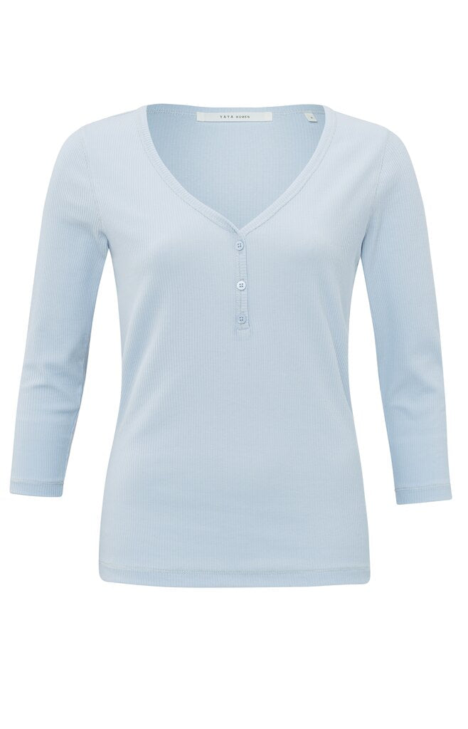 Schmales Oberteil mit V-Ausschnitt, 7/8-Ärmeln und Knöpfen Xenon Blue