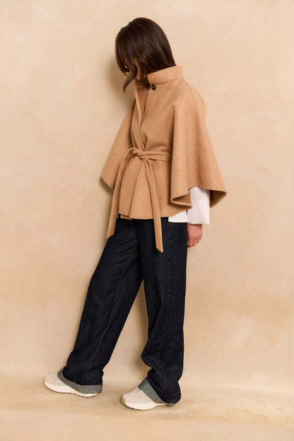 Soft woven poncho with collar and belt Light Camel Melange
