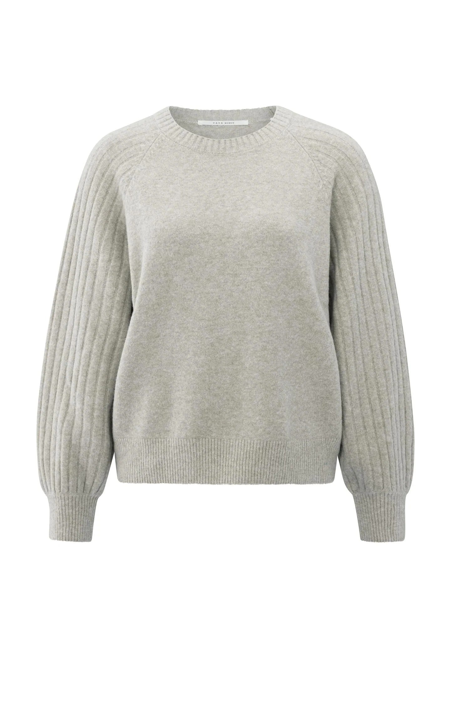 Strickpullover mit gerippten Ärmeln und Rundhalsausschnitt Brownish Grey Melange
