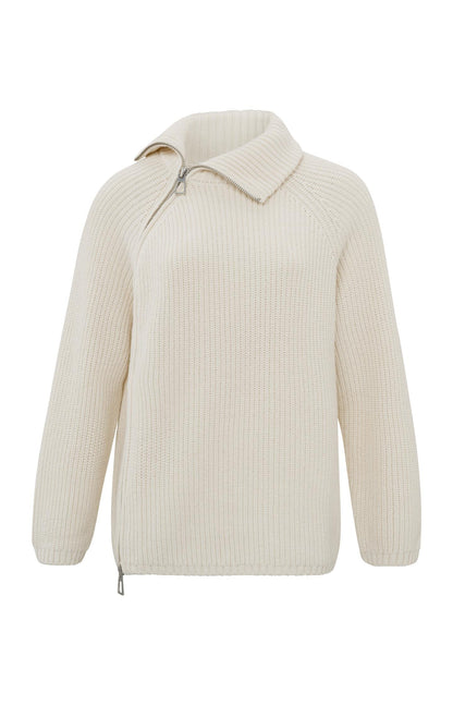 Gerippter Langarm-Rollkragenpullover mit Reißverschluss Off White