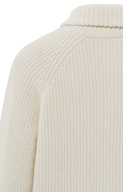 Gerippter Langarm-Rollkragenpullover mit Reißverschluss Off White