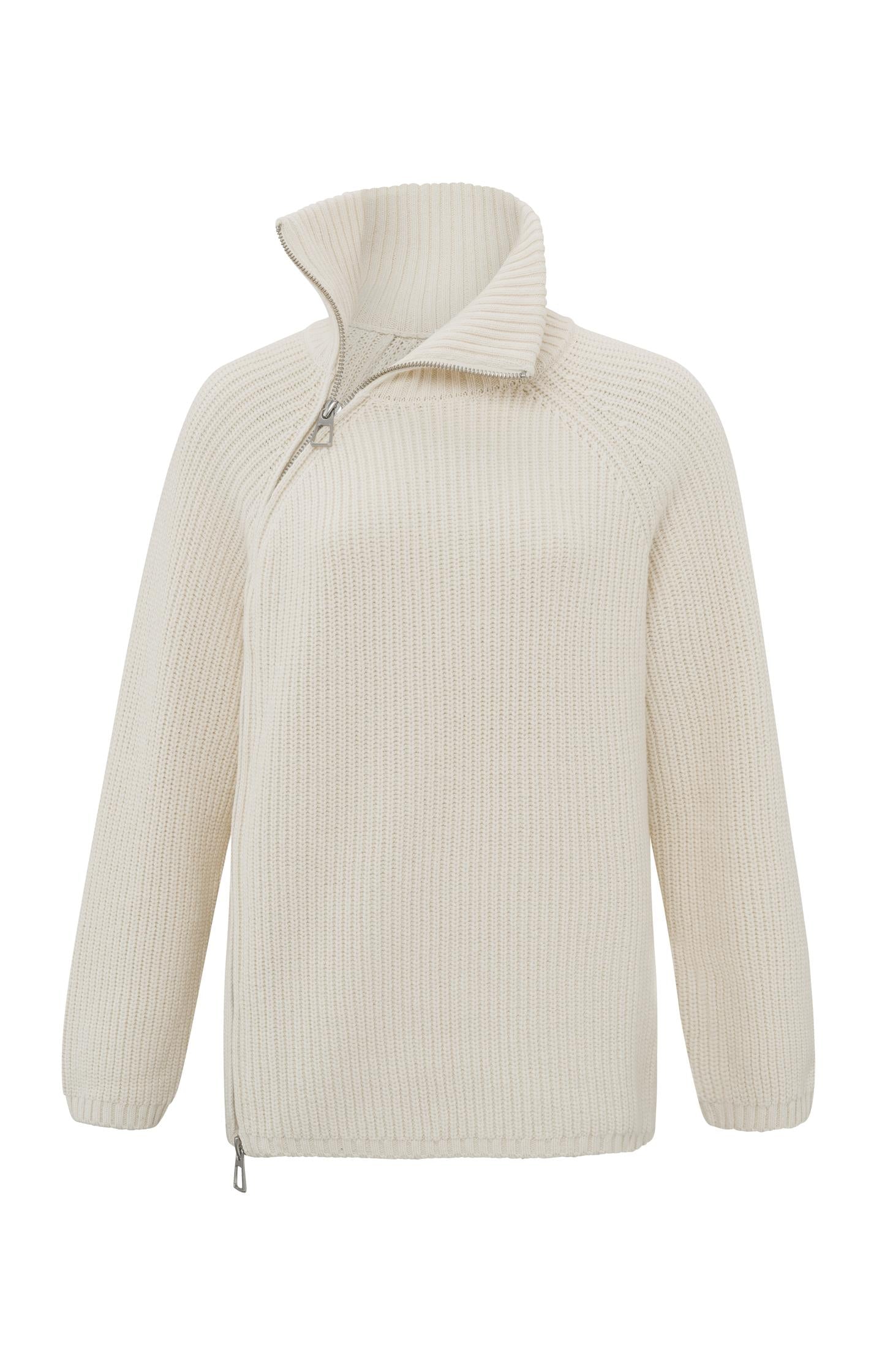 Gerippter Langarm-Rollkragenpullover mit Reißverschluss Off White